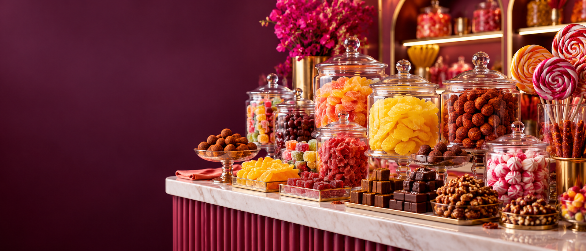 Frascos llenos de dulces, chocolates y paletas de colores
